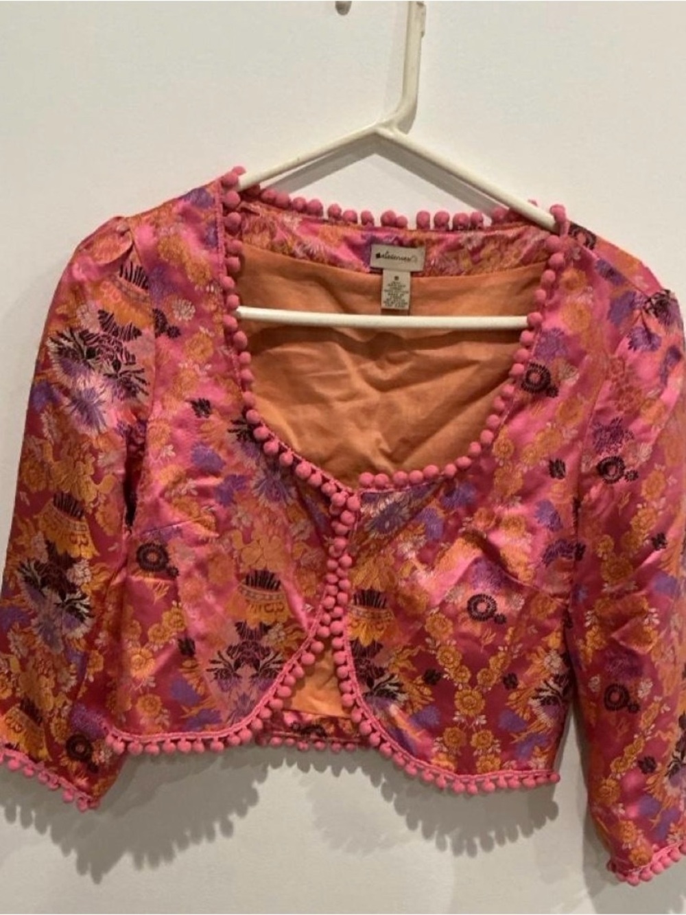 Vintage Anthropology Elevenses Sequin Silk jacquard’s Pom Pom cropped jacket